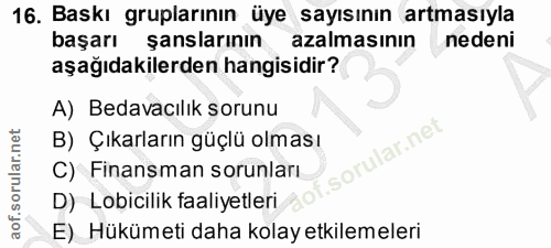 16. soru: Baskı gruplarının üye sayısının artmasıyla başarı şanslarının azalmasının nedeni aşağıdakilerden hangisidir? A) Bedav…