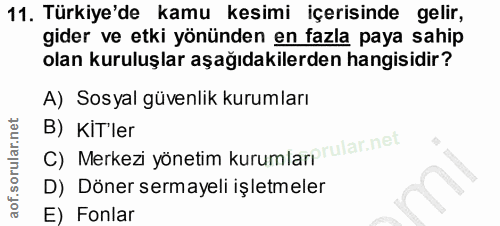 11. soru: Türkiye'de kamu kesimi içerisinde gelir, gider ve etki yönünden en fazla paya sahip olan kuruluşlar aşağıdakilerden h…