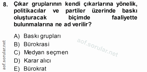 8. soru: Çıkar gruplarının kendi çıkarlarına yönelik, politikacılar ve partiler üzerinde baskı oluşturacak biçimde faaliyette…