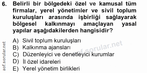 6. soru: Belirli bir bölgedeki özel ve kamusal tüm firmalar, yerel yönetimler ve sivil toplum kuruluşları arasında işbirliği s…
