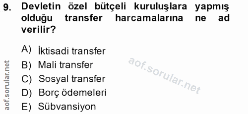 9. soru: Devletin özel bütçeli kuruluşlara yapmış olduğu transfer harcamalarına ne ad verilir? A) İktisadi transfer B) Mali tr…