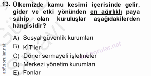 13. soru: Ulkemizde kamu kesimi içerisinde gelir, gider ve etki yönünden en ağırlıklı paya sahip olan kuruluşlar aşağıdakilerde…