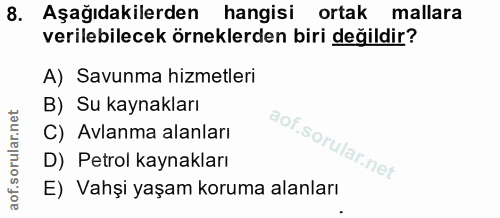 8. soru: Aşağıdakilerden hangisi ortak mallara verilebilecek örneklerden biri değildir? A) Savunma hizmetleri B) Su kaynakları…