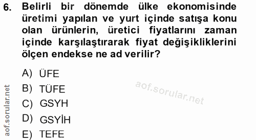6. soru: Belirli bir dönemde ülke ekonomisinde üretimi yapılan ve yurt içinde satışa konu olan ürünlerin, üretici fiyatlarını…