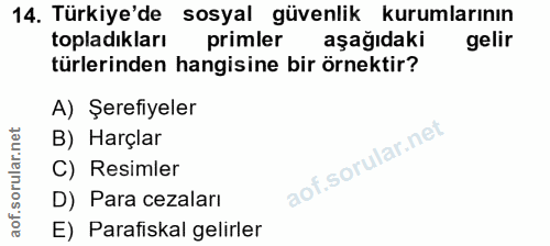 14. soru: Türkiye'de sosyal güvenlik kurumlarının topladıkları primler aşağıdaki gelir türlerinden hangisine bir örnektir? A) Ş…