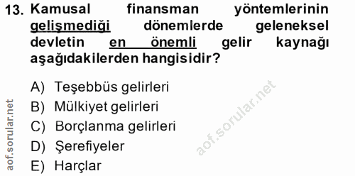 13. soru: Kamusal finansman yöntemlerinin gelişmediği dönemlerde geleneksel devletin en önemli gelir kaynağı aşağıdakilerden ha…