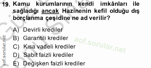 19. soru: Kamu kurumlarının kendi imkânları ile sağladığı ancak Hazinenin kefil olduğu dış borçlanma çeşidine ne ad verilir? A)…