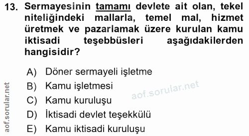 13. soru: Sermayesinin tamamı devlete ait olan, tekel niteliğindeki mallarla, temel mal, hizmet üretmek ve pazarlamak üzere kur…