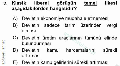 2. soru: Klasik liberal görüşün temel ilkesi aşağıdakilerden hangisidir? A) Devletin ekonomiye müdahale etmemesi B) Devletin s…