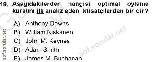 19. soru: Aşağıdakilerden hangisi optimal oylama kuralını ilk analiz eden iktisatçılardan biridir? A) Anthony Downs B) William…