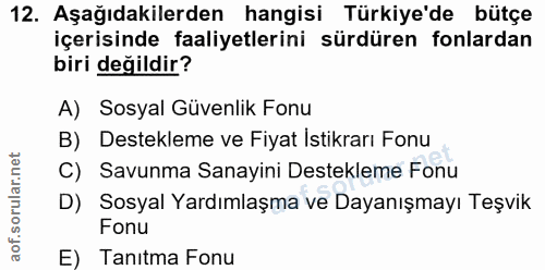 12. soru: Aşağıdakilerden hangisi Türkiye'de bütçe içerisinde faaliyetlerini sürdüren fonlardan biri değildir? A) Sosyal Güvenl…