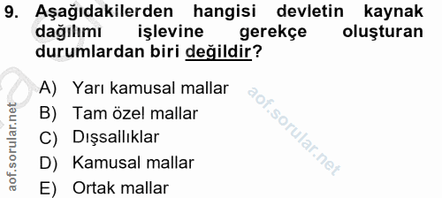 9. soru: Aşağıdakilerden hangisi devletin kaynak dağılımı işlevine gerekçe oluşturan durumlardan biri değildir? A) Yarı kamusa…