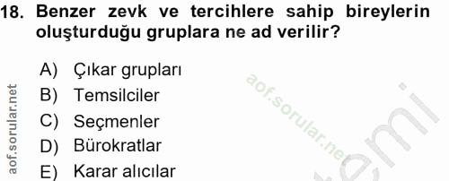 18. soru: Benzer zevk ve tercihlere sahip bireylerin oluşturduğu gruplara ne ad verilir? A) Çıkar grupları B) Temsilciler aof.s…