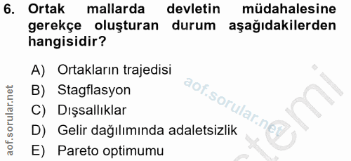 6. soru: Ortak mallarda devletin müdahalesine gerekçe oluşturan durum aşağıdakilerden hangisidir? A) Ortakların trajedisi B) S…