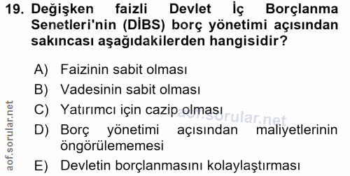 19. soru: Değişken faizli Devlet Borçlanma Senetleri'nin (DIBS) borç yönetimi açısından sakıncası aşağıdakilerden hangisidir? A…