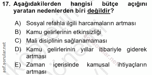 17. soru: Aşağıdakilerden hangisi bütçe açığını yaratan nedenlerden biri değildir? A) Sosyal refahla ilgili harcamaların artmas…