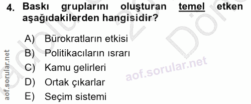 4. soru: Baski gruplarini | oluşturan temel etken aşağıdakilerden hangisidir? A) Bürokratların etkisi B) Politikacıların ısrar…