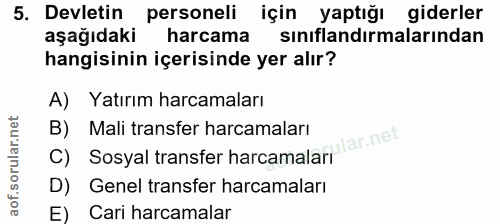 5. soru: Devletin personeli için yaptığı giderler aşağıdaki harcama sınıflandırmalarından hangisinin içerisinde yer alır? A) Y…