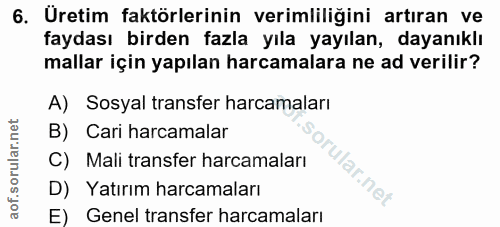 6. soru: Uretim faktörlerinin verimliliğini artıran ve faydası birden fazla yıla yayılan, dayanıklı mallar için yapılan harcam…