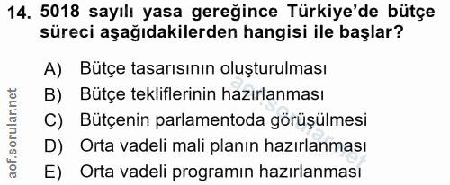 14. soru: 5018 sayılı yasa gereğince Türkiye'de bütçe süreci aşağıdakilerden hangisi ile başlar? A) Bütçe tasarısının oluşturul…