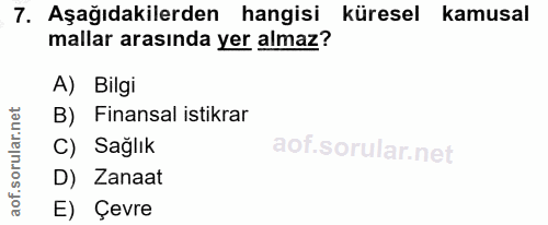 7. soru: Aşağıdakilerden hangisi küresel kamusal mallar arasında yer almaz? A) Bilgi orular.net B) Finansal istikrar C) Sağlık…