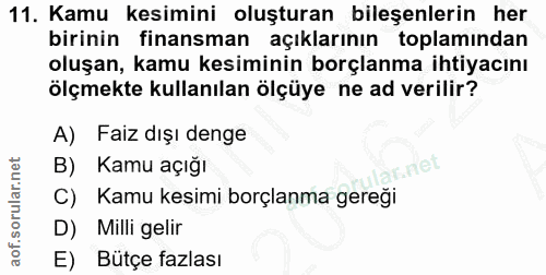 11. soru: Kamu kesimini oluşturan bileşenlerin her birinin finansman açıklarının toplamından oluşan, kamu kesiminin borçlanma i…