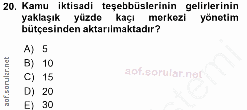 20. soru: Kamu iktisadi teşebbüslerinin gelirlerinin yaklaşık yüzde kaçı merkezi yönetim bütçesinden aktarılmaktadır? A) 5 B) 1…