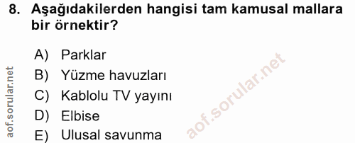 8. soru: Aşağıdakilerden hangisi tam kamusal mallara bir örnektir? A) Parklar B) Yüzme havuzları C) Kablolu TV yayını D) Elbis…