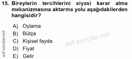 15. soru: Bireylerin tercihlerini siyasi karar alma mekanizmasına aktarma yolu aşağıdakilerden hangisidir? A) Oylama B) Bütçe C…