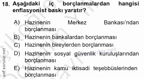 18. soru: Aşağıdaki iÇ borçlanmalardan hangisi enflasyonist baskı yaratır? A) Hazinenin Merkez Bankası'ndan borçlanması B) Hazi…