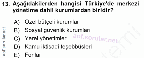 13. soru: Aşağıdakilerden hangisi Türkiye'de merkezi yönetime dahil kurumlardan biridir? A) Özel bütçeli kurumlar B) Sosyal güv…