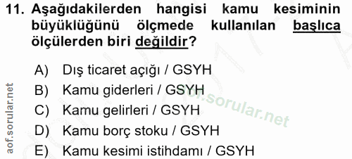 11. soru: Aşağıdakilerden hangisi kamu kesiminin büyüklüğünü ölçmede kullanılan başlıca ölçülerden biri değildir? A) Dış ticare…