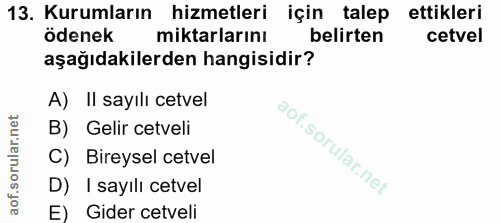 13. soru: Kurumların hizmetleri için talep ettikleri ödenek miktarlarını belirten cetvel aşağıdakilerden hangisidir? A) II sayı…