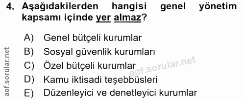 4. soru: Aşağıdakilerden hangisi genel yönetim kapsamı içinde yer almaz? A) Genel bütçeli kurumlar B) Sosyal güvenlik kurumlar…