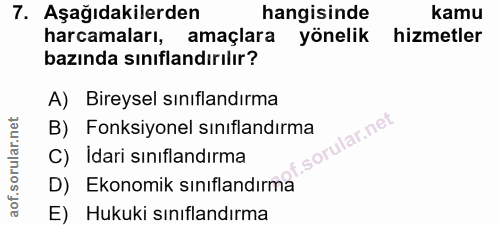 7. soru: Aşağıdakilerden hangisinde kamu harcamaları, amaçlara yönelik hizmetler bazında sınıflandırılır? A) Bireysel sınıflan…