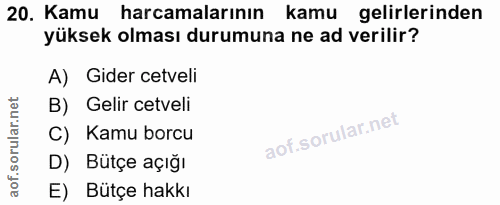 20. soru: Kamu harcamalarının kamu gelirlerinden yüksek olması durumuna ne ad verilir? A) Gider cetveli B) Gelir cetveli C) Kam…
