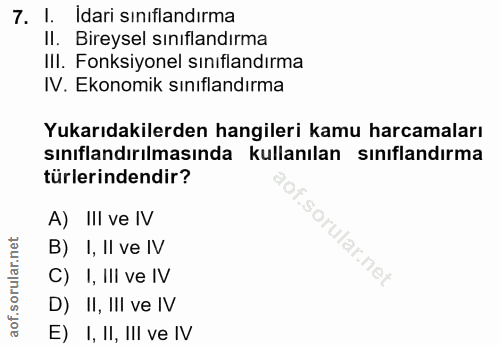 7. soru: 1. Idari sınıflandırma II. Bireysel sınıflandırma IlI. Fonksiyonel sınıflandırma IV. Ekonomik sınıflandırma Yukarıdak…