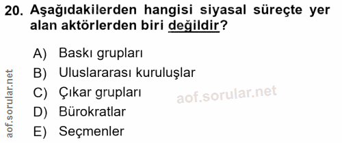 20. soru: Aşağıdakilerden hangisi siyasal süreçte yer alan aktörlerden biri değildir? A) Baskı grupları B) Uluslararası kuruluş…