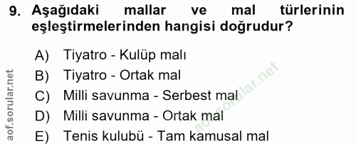 9. soru: Aşağıdaki mallar ve mal türlerinin eşleştirmelerinden hangisi doğrudur? A) Tiyatro - Kulüp malı B) Milli savunma - Se…