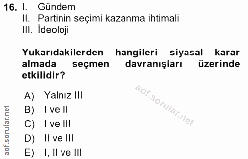 16. soru: I. Gündem II. Partinin seçimi kazanma ihtimali IlI. Ideoloji Yukarıdakilerden hangileri siyasal karar almada seçmen d…