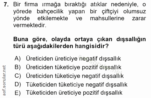 7. soru: Bir firma ırmağa bıraktığı atıklar nedeniyle, o yörede bahçecilik yapan bir çiftçiyi olumsuz yönde etkilemekte ve mah…