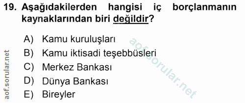 19. soru: Aşağıdakilerden hangisi iç borçlanmanın kaynaklarından biri değildir? A) Kamu kuruluşları B) Kamu iktisadi teşebbüsle…