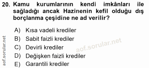 20. soru: Kamu kurumlarinın| kendi imkânları ile sağladığı ancak Hazinenin kefil olduğu dış borçlanma çeşidine ne ad verilir? A…