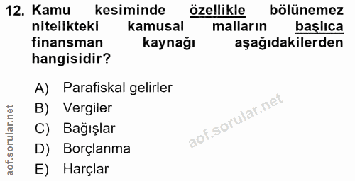 12. soru: Kamu kesiminde özellikle bölünemez nitelikteki kamusal malların başlica finansman kaynağı aşağıdakilerden hangisidir?…