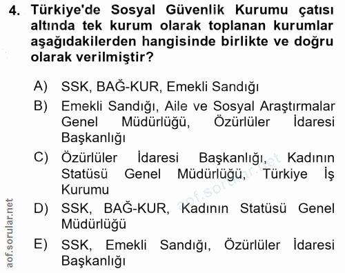 4. soru: Türkiye'de Sosyal Güvenlik Kurumu çatısı altında tek kurum olarak toplanan kurumlar aşağıdakilerden hangisinde birlik…