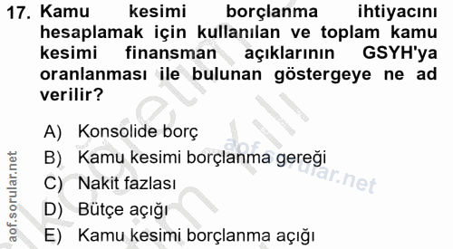 17. soru: Kamu kesimi borçlanma ihtiyacını hesaplamak için kullanılan ve toplam kamu kesimi finansman açıklarının GSYH'ya oranl…