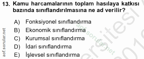 13. soru: Kamu harcamalarının toplam hasılaya katkısı bazında sınıflandırılmasına ne ad verilir? A) Fonksiyonel sınıflandırma B…