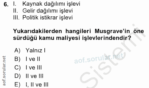 6. soru: I. Kaynak dağılımı işlevi II. Gelir dağılımı işlevi IlI. Politik istikrar işlevi Yukarıdakilerden hangileri Musgrave'…