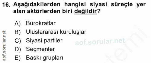 16. soru: Aşağıdakilerden hangisi siyasi süreçte yer alan aktörlerden biri değildir? A) Bürokratlar B) Uluslararası kuruluşlar…