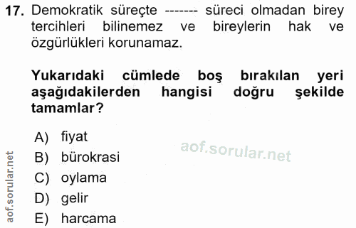 17. soru: Demokratik süreçte -- süreci olmadan birey tercihleri bilinemez ve bireylerin hak ve özgürlükleri korunamaz. Yukarıda…